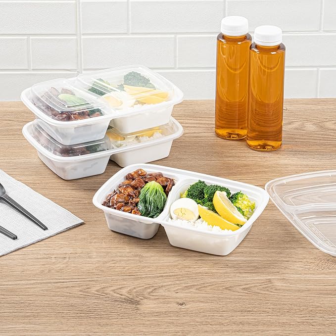 Restaurantware Asporto 32 Ounce Compartment Take Out Boxes 100 Microwavable Meal Prep Containers - 2 Compartments With Clear Plastic Lids White Plastic Food Containers Do Not Contain BPA
