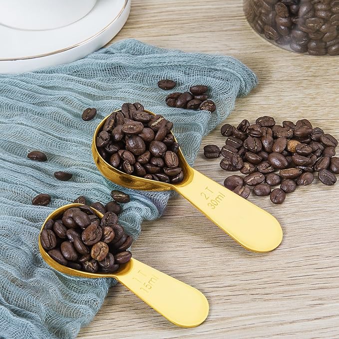Safring Stainless steel coffee scoop 2-piece set (1 tbsp, 2 tbsp) durable Tablespoon, ergonomic measuring spoon, Suitable for small and large jars，short-handled spoon (Gold)