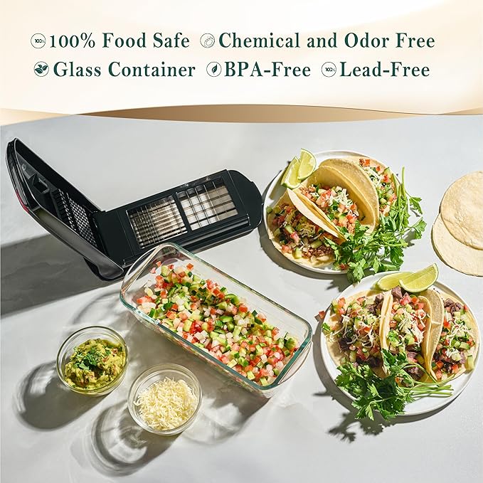 Le'raze 13-in-1 Vegetable Chopper Pro with Glass Container, Stainless Steel Blades, BPA-Free, Mandoline Slicer, Manual