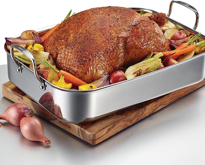 Anolon Triply Clad Stainless Steel Roaster / Roasting Pan with Rack - 17 Inch x 12.5 Inch, Silver