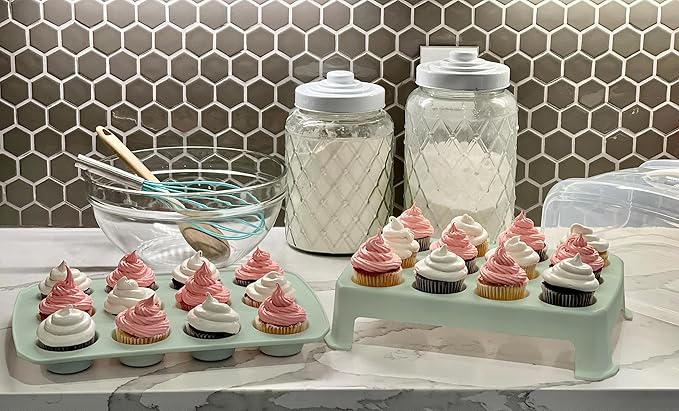 Top Shelf Elements Cupcake Carrier, EXTRA TALL LID, Green Cupcake Holder Carries 24 Standard-Size Cupcakes, Muffin Traveler Two Tier Stand Reusable Cupcake Box