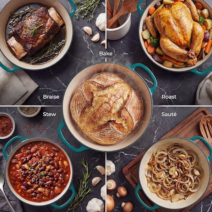 Zulay Kitchen 7.7 Quart Enameled Cast Iron Dutch Oven Pot with Lid – Premium Durability & Oven Safe up to 500°F – Heavy Duty Cookware Perfect for Bread Baking, Stews, Braising & Roasting – Emerald