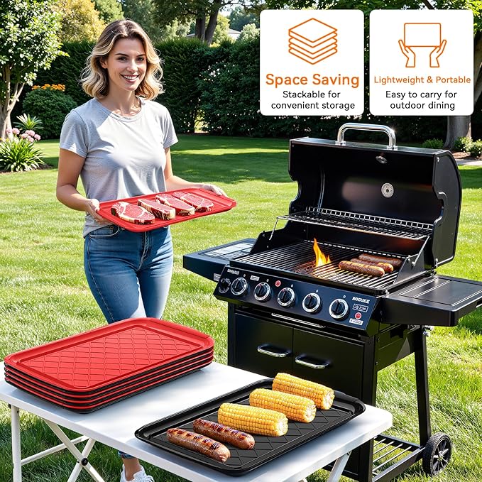 Serving Trays for Party - Set of 2, Large Serving Platters for Raw and Cooked Food, Dishwasher Safe, 17×10.5-inch Stackable Plastic Party Supplies for Grilling, BBQ, Meal Prep (Red, Black)