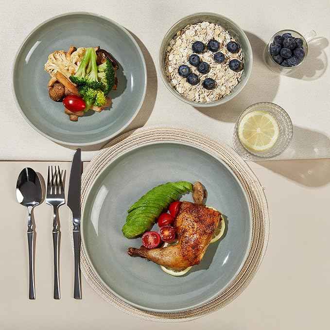Stoneware Dinnerware Sets Service for 12, 36 pcs Reactive Glaze Plates and Bowls Sets, Handmade Ceramic Dish Set, Highly Chip and Crack Resistant Modern Plate Set, Gradient Green