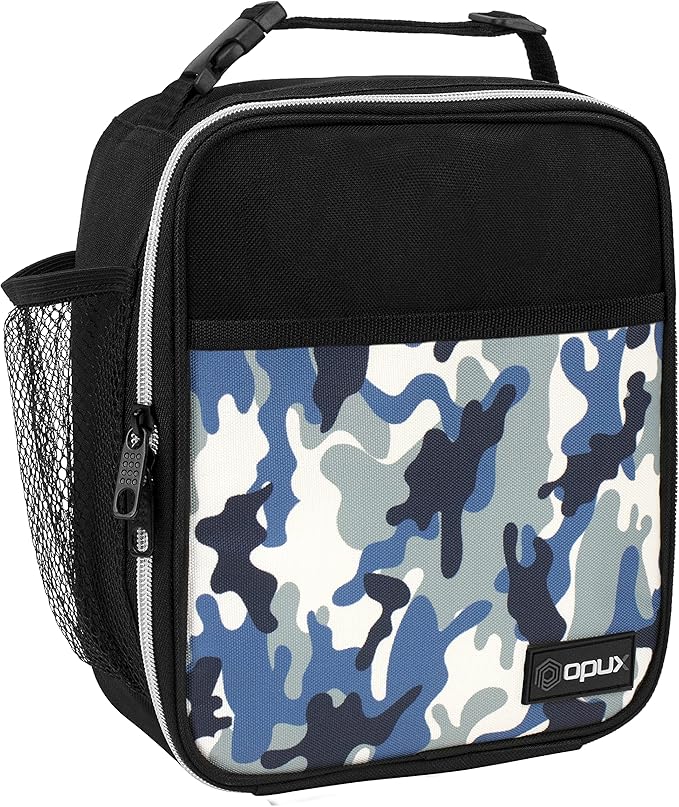 opux Premium Insulated Lunch Box, Soft School Lunch Bag for Kids Boys Girls, Leakproof Small Lunch Pail Men Women Work, Reusable Compact Cooler Tote Lunchbox for Office Adult, Camo Blue
