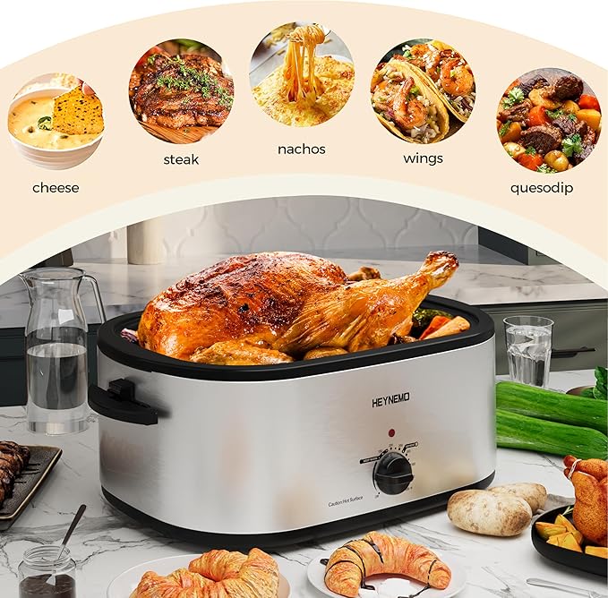 22 Quart Electric Roaster Oven with Visible & Self-Basting Lid, Large Turkey Roaster with Defrost Warm Function, Adjustable Temperature, Removable Pan Rack, Stainless Steel