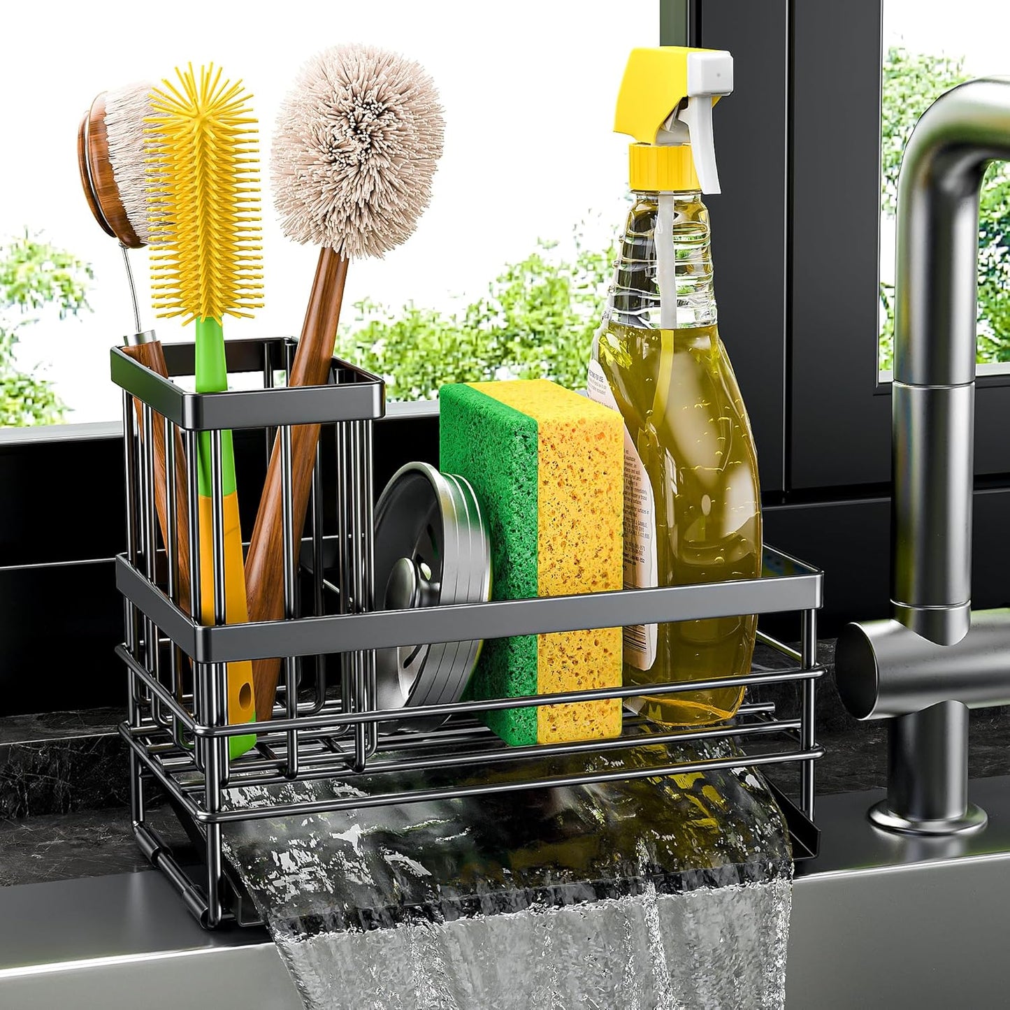 Cisily Sink Caddy Sponge Holder for Kitchen with Brush Holder and Stainless Steel Self Drain Tray, Rustproof Kitchen Sink Organizer for Sponge, Soap Dispenser Storage Accessories (Black)