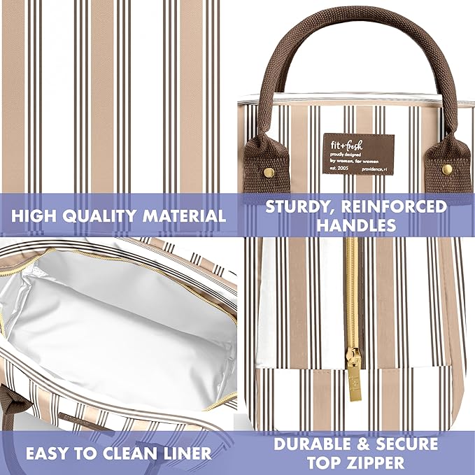Fit & Fresh Bloomington Lunch Bag for Women - Insulated Large Lunch Box for Work with Containers, Leak-Resistant, Stain-Resistant, Zipper Closure, Ticking Stripe Taupe