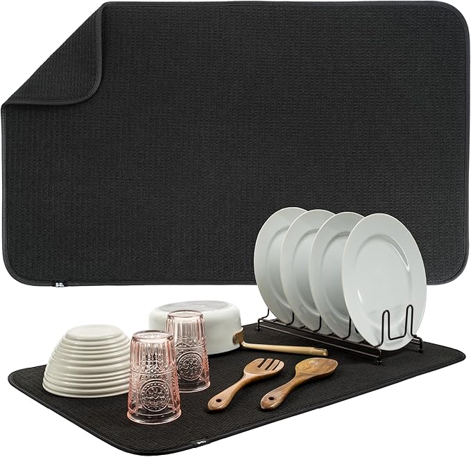 S&T INC. Dish Drying Mat 18" x 30" Black and Dish Soap Dispenser Bamboo Bundle