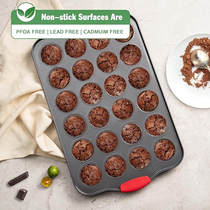 Tiawudi Mini Muffin Pan, 24 Cavity Cupcake Pan, Nonstick Baking Pan, Heavy Duty Small Muffin Tin with Silicone Grip Handles