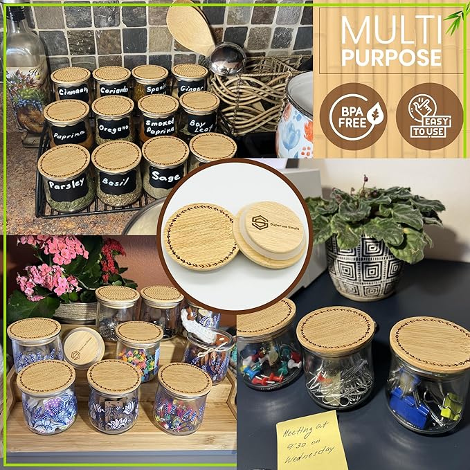 4-24 Piece Sets of Oui Yogurt Jar Lids | Made of Bamboo Wood, Stainless Steel, or Food Grade Silicone | Fit Yoplait Yogurt Regular & Petite Jars (Bamboo Leaves Ring - 24 pcs with Labels & Storage Bag)