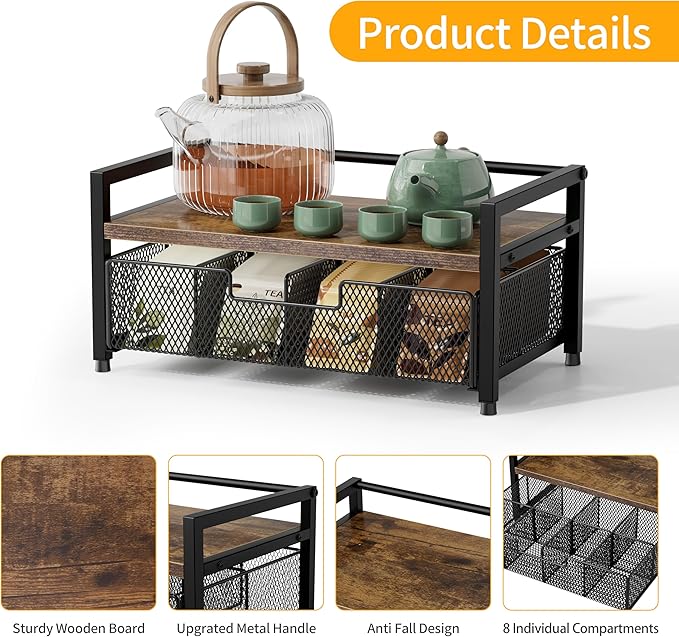 Tea Bag Organizer, Tea Bag Holder with Drawer, Wood and Metal Tea Organizers and Storage Chest for Countertop Kitchen, Office, Rustic Brown