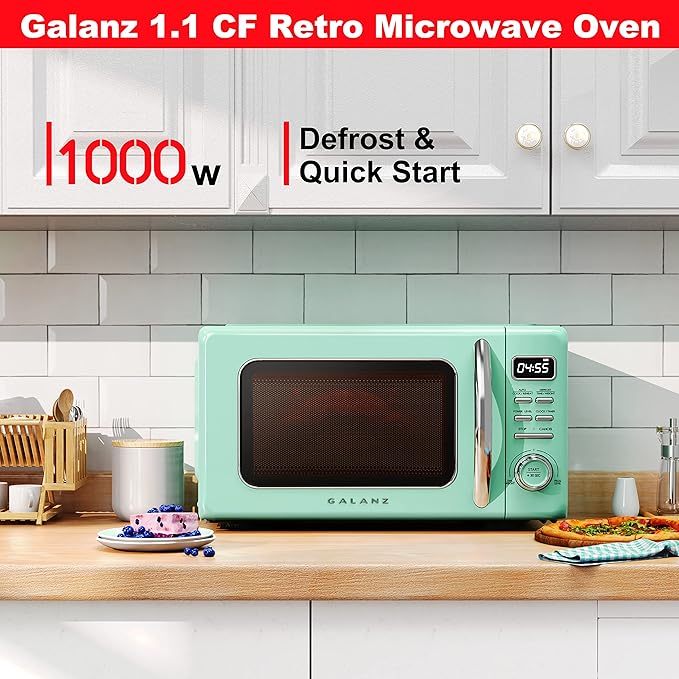 Galanz GLCMKZ11GNR10 Retro Countertop Microwave Oven with Auto Cook & Reheat, Defrost, Quick Start Functions, Easy Clean with Glass Turntable, Pull Handle, 1.1 cu ft, Green