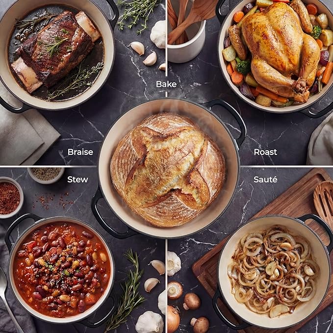 Zulay Kitchen 6 Quart Enameled Cast Iron Dutch Oven Pot with Lid – Premium Durability & Oven Safe up to 500°F – Heavy Duty Cookware Perfect for Bread Baking, Stews, Braising & Roasting - Black