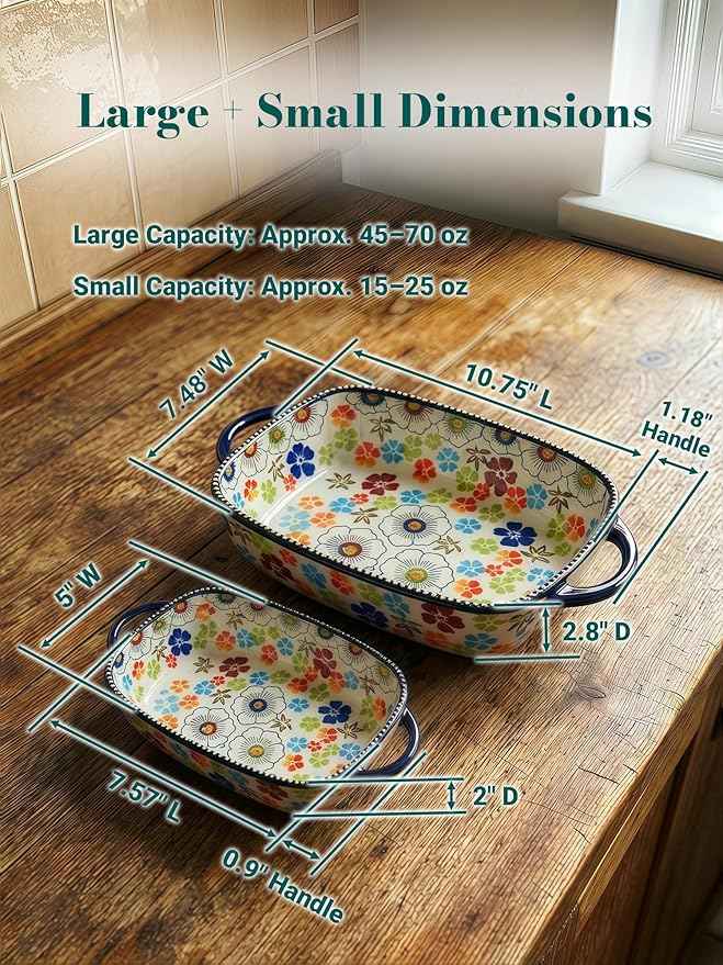 Polish Pottery Style Ceramic Baking Dish Set, 2-Piece Casserole Bakers for 2–3 People, Floral Decorative Bakeware, Oven Safe Lasagna Pan, Microwave Dishwasher Safe, Gift-Ready, Protective Packaging