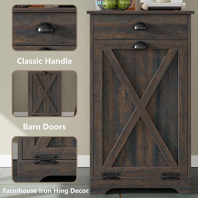 Furniouse Single Tilt Out Trash Can Cabinet with Drawer, 10 Gallon Wood Garbage Cabinet for Kitchen, Dark Brown