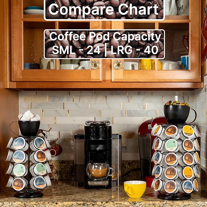 Made Easy Kit Carousel Coffee Pod Organizer - Compatible with Keurig K-Pods K-Cups - Countertop 360 Spin Rack Storage - Lazy Susan Revolving Base Metal (Black Coffee Mug, Large (40 Pods))