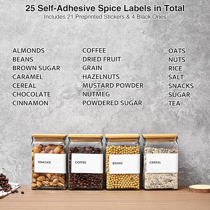 Glass Storage Jars with Bamboo Lids, 27oz Square Food Storage Containers for Kitchen Pantry Organization, Storage Canisters with Labels for Cereal Flour Beans Tea, Large Spice jars Seasoning Bottles