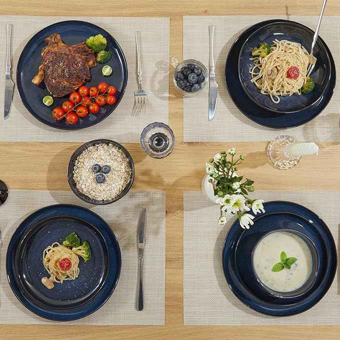 32 Piece Starry Blue Dinnerware Set with Pasta Bowls, Coastal Reactive Glaze Stoneware for 8 | Complete Serving Set for Holiday Meals, Multi‑Dish Hosting & Family Celebrations