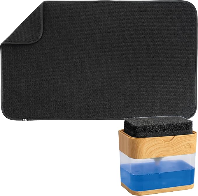 S&T INC. Dish Drying Mat 18" x 30" Black and Dish Soap Dispenser Bamboo Bundle