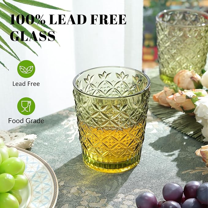 Joeyan Green Vintage Drinking Glasses,Embossed Water Glass Cups,Colored Decorative Glass Tumblers,Elegant Glassware Cups for Beverages Juice Cocktail Beer,11 oz,Set of 6,Dishwasher Safe