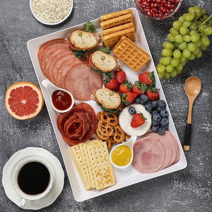 6 Pack, 16" x 11" Large White Serving Trays Set - Reusable Plastic Serving Platters for Cookie, Appetizer, Charcuterie, Snack, Dessert, Party Food Display - Stackable Kitchen CounterTop Tray, BPA Free