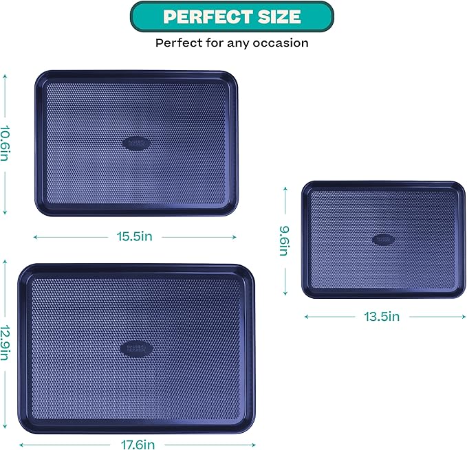 Baker's Secret Non Stick Baking Sheets, Set of 3 Cookie Sheets for Oven, Diamond Texture Premium Air Flow, Extra Thick 0.6mm, PFOA PFOS PTFE and PFAS Free Bakeware, 3 Sizes
