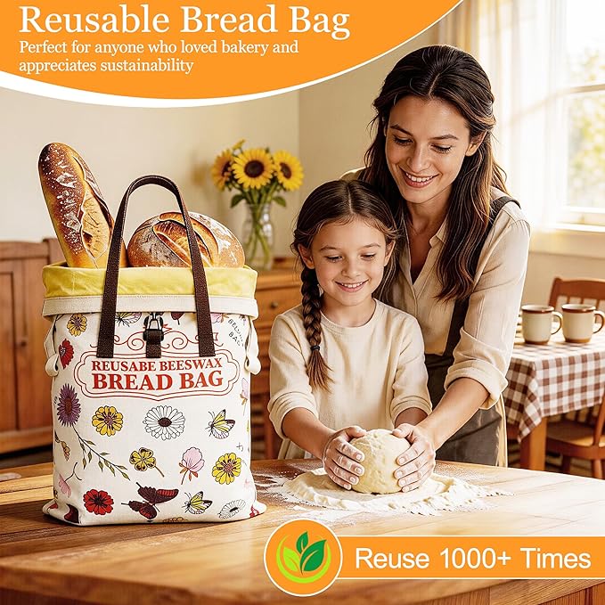 2 Pack Reusable Beeswax Bread Bags for Homemade Bread with Handle,17 X 13 Inch Large Cotton Sourdough Bread Storage for Fridge Freezer Counter,Keep Fresh Longer