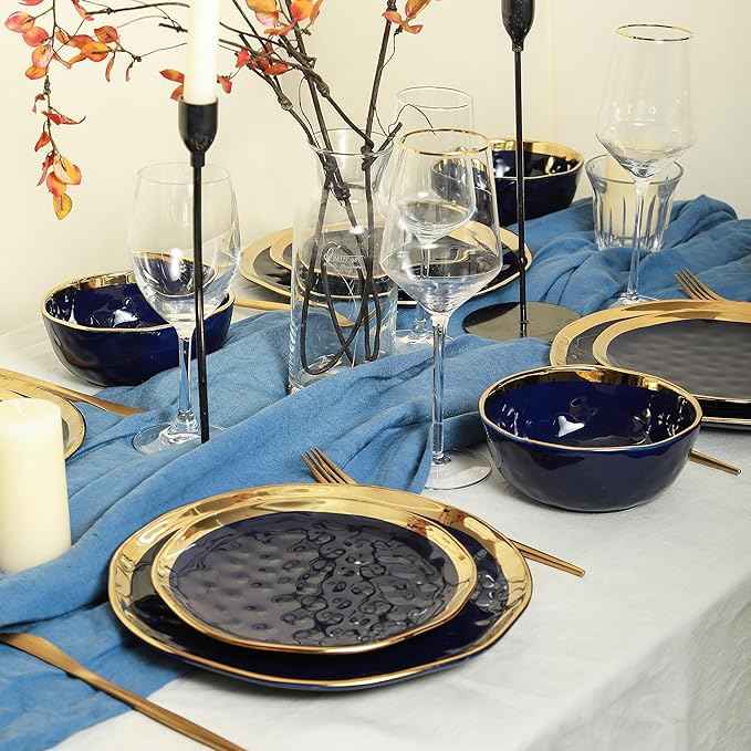 Stone Lain Porcelain 16 Piece Dinnerware Set, Service for 4, Blue and Golden Rim, Dark Blue