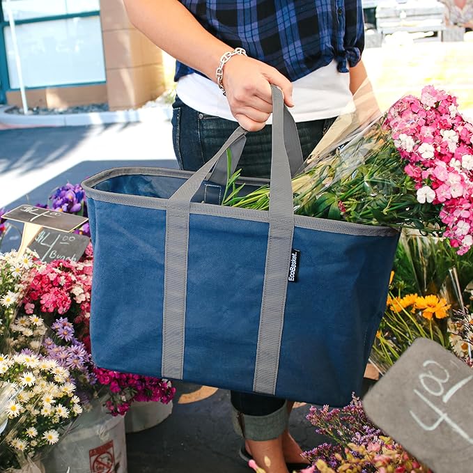 CleverMade EcoBasket Reusable Grocery Tote - 30L - Pack of 1 - Blue Gray - Collapsible Storage Shopping Organizer - Heavy Duty Utility Bag Home