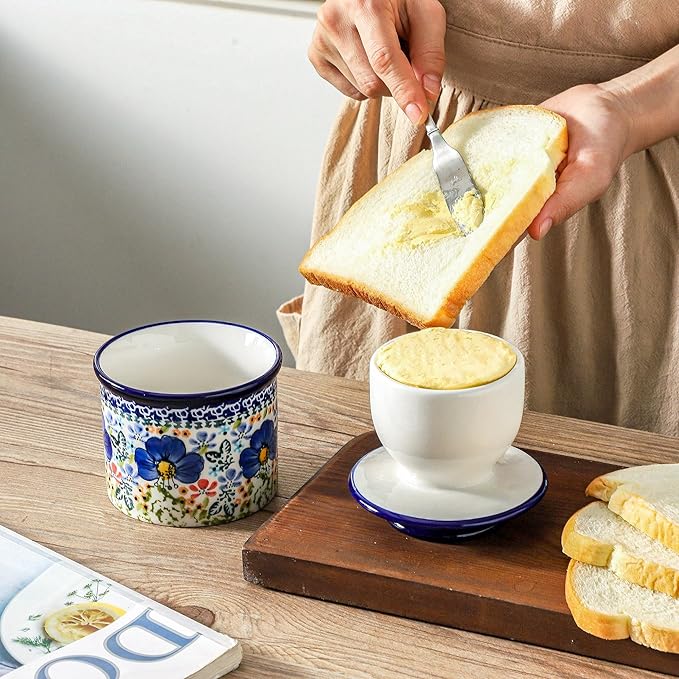 French Butter Crock with Lid for Countertop,Handpainted Floral Butter Keeper with Water Seal Line, Farmhouse Ceramic Butter Container Airtight for Soft Spreadable Butter,Housewarming Gifts
