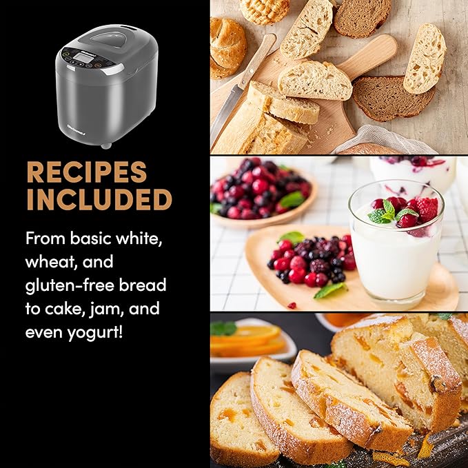 Elite Gourmet Programmable Bread Maker with PFAS-Free CERALAST™ Ceramic Pan, 2 lb Loaf, 19 Presets incl. Gluten-Free, 3 Sizes, Delay Timer, Gray