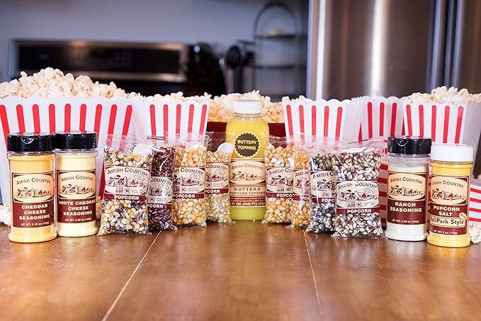 Amish Country Popcorn | 8-4 oz Bags | Air Pop Variety Sampler | Popcorn Kernels and Variety Topping Bundle | Old Fashioned, Non-GMO and Gluten Free