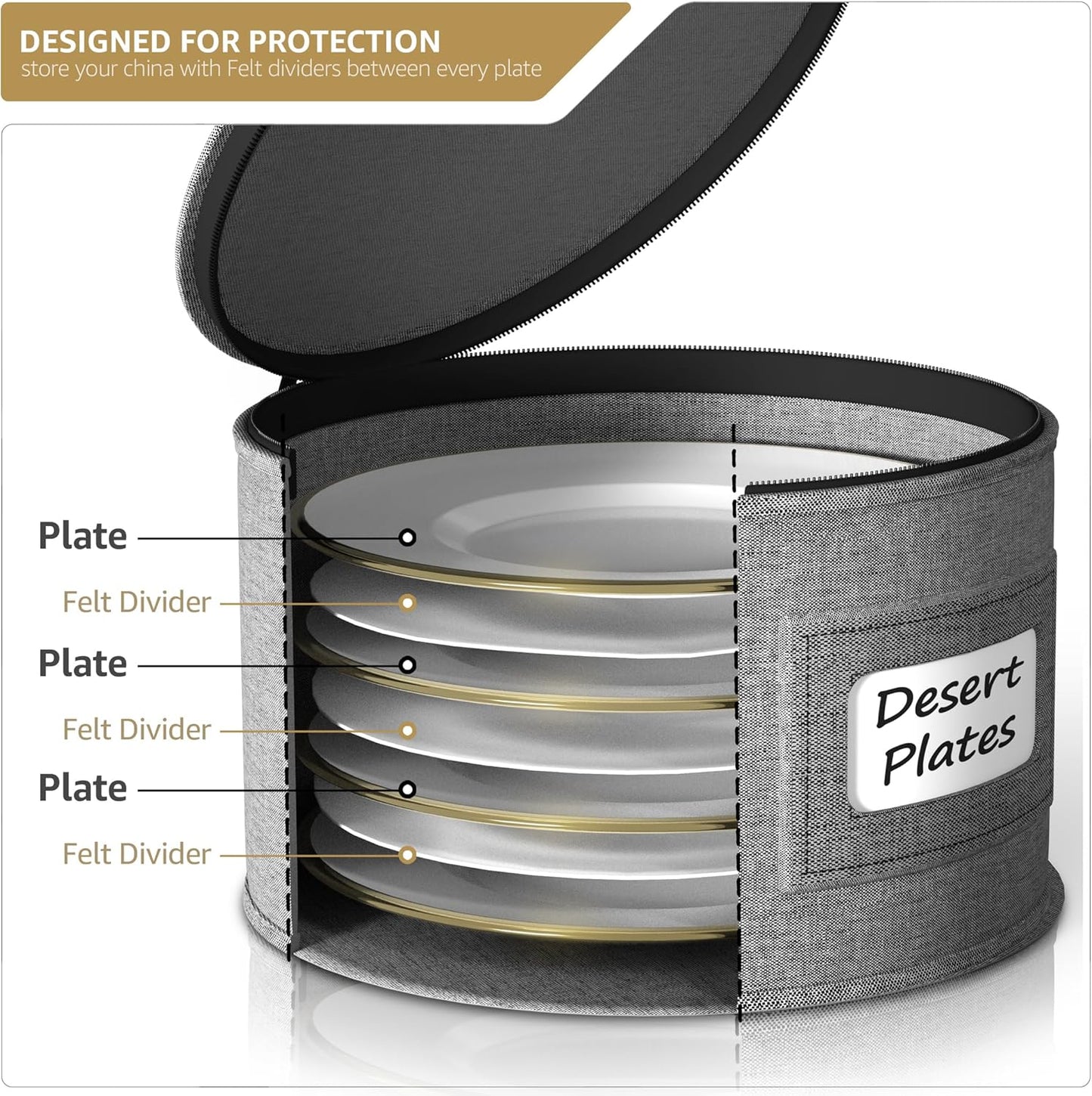 Sorbus China Storage Containers – Dinnerware Organizer for Dessert Plates with Lid (Holds Service for 12) with Felt Protectors – 7.25" x 5"