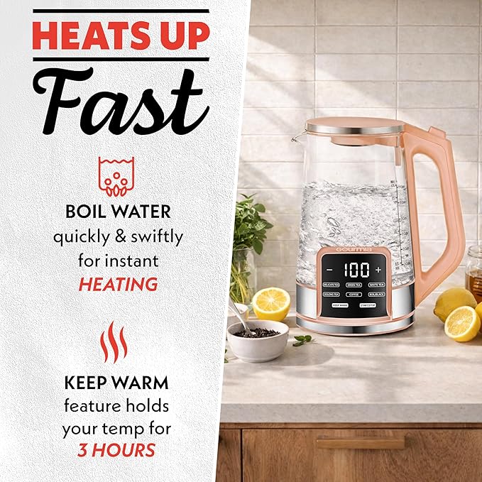 Gourmia Electric Glass Kettle – 1.7L Programmable Tea & Coffee Brewer with Digital Touch Display, 6 Presets, Removable Stainless Steel Infuser, Cordless with 360° Swivel Base, Peach