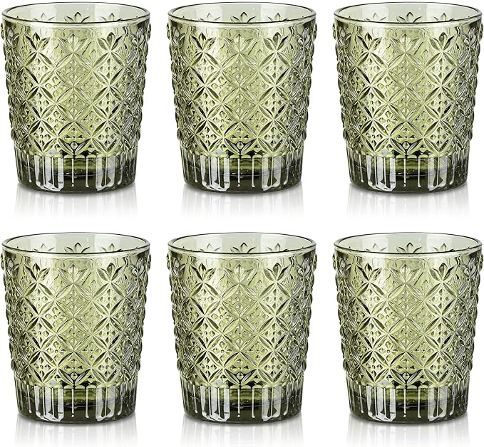 Joeyan Green Vintage Drinking Glasses,Embossed Water Glass Cups,Colored Decorative Glass Tumblers,Elegant Glassware Cups for Beverages Juice Cocktail Beer,11 oz,Set of 6,Dishwasher Safe