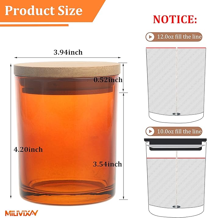 MILIVIXAY 12 Pack 12 OZ Amber Glass Candle Jars with Lids and Candle Making Kits - Bulk Empty Candle Jars for Making Candles - Spice, Powder Containers.