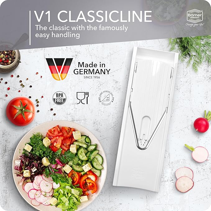 Börner by Reston Lloyd Mandoline Slicer V1 (Starter Set) • V-Slicer with 5 Thickness Settings & Food Holder • Adjustable Kitchen Slicer for Vegetables & Fruits • Color: White