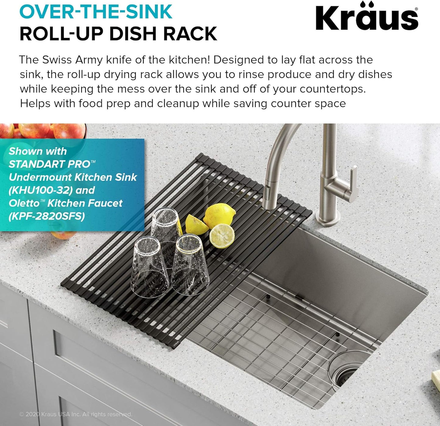 KRAUS Multipurpose Over-Sink Roll-Up Dish Drying Rack, Colander and Trivet in Aqua, KRM-10AQ