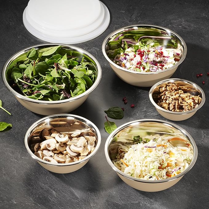 WHYSKO Stainless Steel Mixing Bowl Set, 10 Piece Stainless Steel Mixing Bowls with Lids Set for Food Prep Storage and Serving, Dishwasher Safe for Kitchen Baking Cooking, Khaki