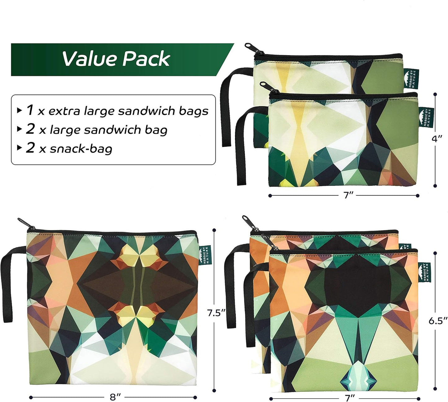 Nordic By Nature-Dual Layer Reusable Sandwich & Snack Bags – BPA-Free, Easy Clean, School Lunch Bags for Kids & Adults (Mosaic Camo)