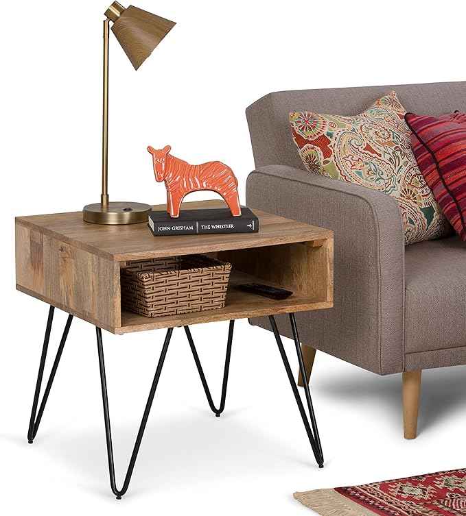 SIMPLIHOME Hunter End Table - 22 inch Wide Solid Mango Wood and Metal Square Accent Table with Open Storage Compartment and Hairpin Legs in Natural, Industrial Nightstand for Living Room or Bedroom