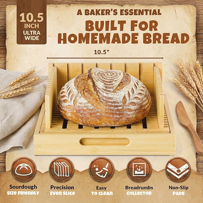 Bread Slicer for Homemade Bread - 10.5" Adjustable Sourdough Slicer with Crumb Catcher & Serving Tray - Stable Wood Bread Cutter Guide for Kitchen