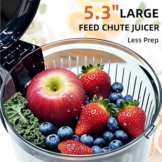 Cold Press Juicer Machines, 5.3” Large Feed Chute Slow Masticating Juicer for Whole Fruits & Vegetables, Easy Clean, 300W Quiet Juice Extractor, 99% High Juice Yield, Red