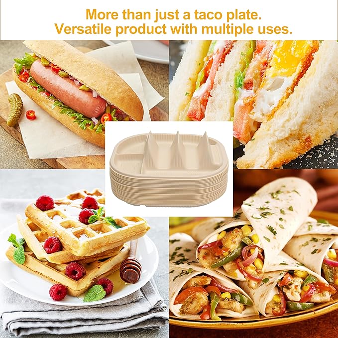 Small Disposable Taco Plates With Dipping Sides - 50 Pack, Biodegradable Cornstarch Taco Holder, Mini Size Fit 4-6 Inch Street Tortilla Shells, Sturdy & Microwave Safe, Bar Serving Set For A Party