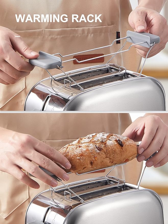 Yabano Retro Bagel Toaster - 2 Slice, 2 Extra Wide Slots, 7 Shade Settings, Defrost/Bagel/Cancel, Removable Crumb Tray, Stainless Steel, Silver