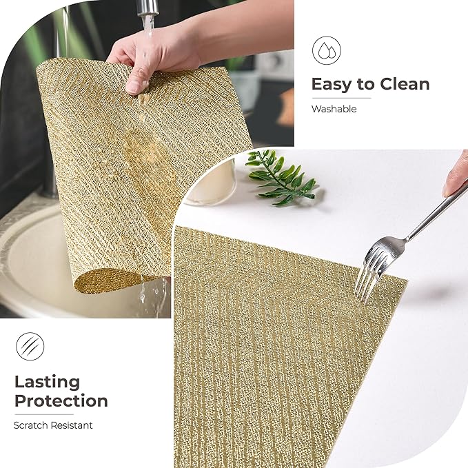 Leetaltree Gold Placemats Set of 24 - Heat Resistant Non-Slip Place mats for Dining Table, Washable Durable PVC Vinyl Woven Table Mats(Luxury Gold, 24)