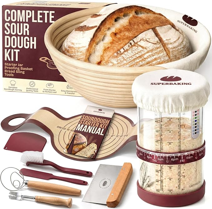 Superbaking Sourdough Starter Kit, 9" Splinter-Free Banneton Bread Proofing Basket Set with Non-Stick Silicone Dough Sling & Glass Starter Jar Kit, Sourdough Bread Baking Supplies, Sourdough Tools