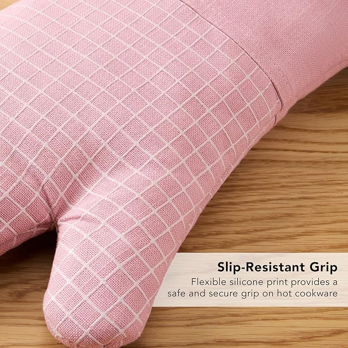 KITCHENAID Gourmet Series Gridlines Oven Mitts 2-Pack Set, Heat Resistant up to 600°F, Soft Silicone Grip, Magnetic Cuff, Dried Rose, 7"x14"