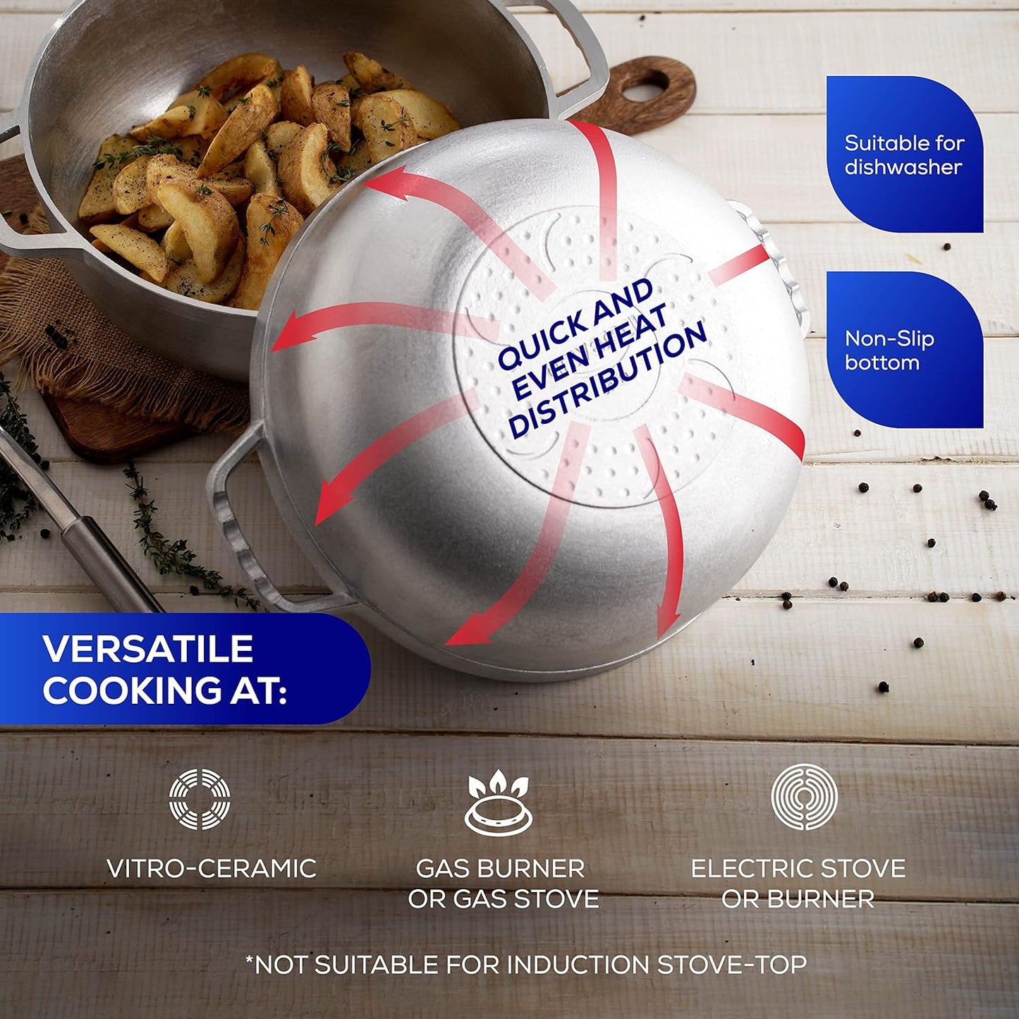 Universal (Small Size) Caldero 7 Cups - 2.4 QT / 2.3 L, Stainless Aluminum Pot, Even Heat Distribution and Fast Cooking Dutch Oven Pot, Ergonomic Handles, Ideal for Rice, French Fries, and More